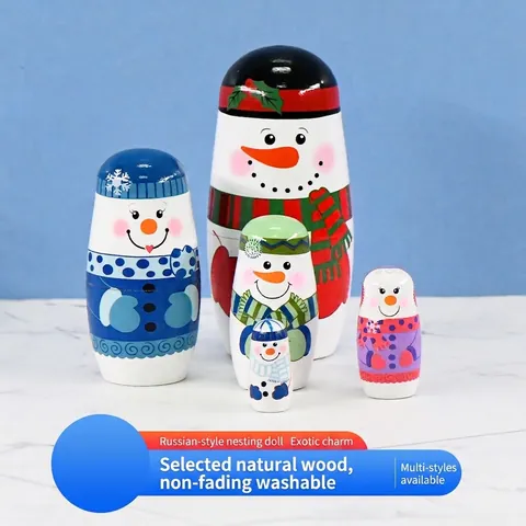5-Layer Christmas Snowman Nesting Dolls Wooden Matryoshka Dolls Handmade Painted Wood Craft Figurine For Home Decor Ornament Gift