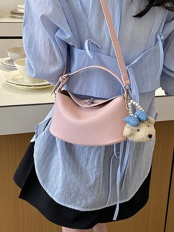 Korean Style Women Bucket Bag High End PU Leather Lychee Grain Twist Lock Crossbody Shoulder Handbag Casual Fashion Purse