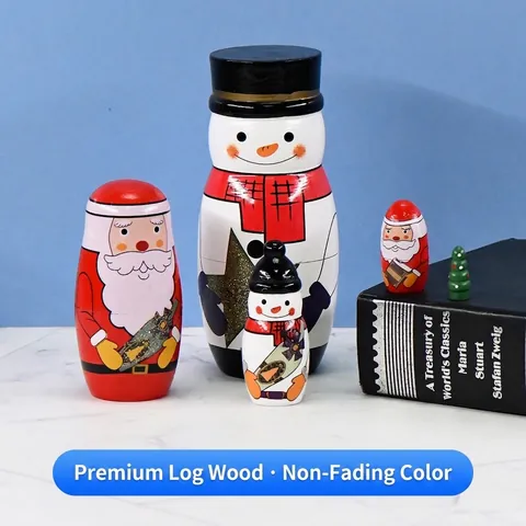 Wooden Christmas Matryoshka Dolls Snowman Santa Claus Pattern 5 Layers Nesting Dolls Decorative Holiday Gift Home Ornament