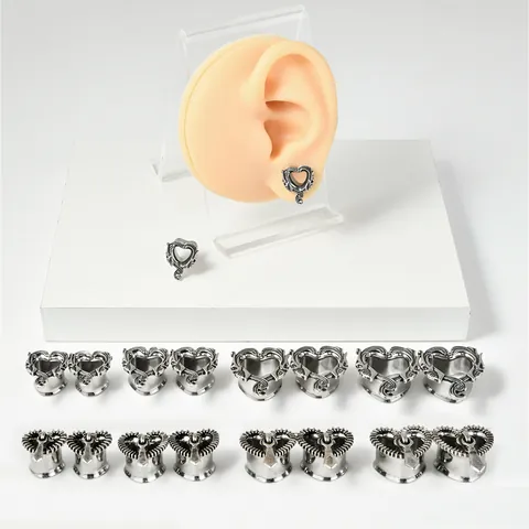Dilatadores Oreja Corazón Acero Inoxidable Cremallera Doble Cráneo Piercing Joyería Gótico Punk Body Jewelry Color Acero Hombre Mujer