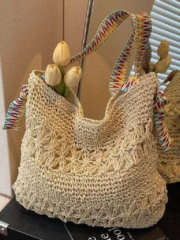 Grand Sac Fourre-tout en Paille Tissé pour Femmes Sac à Épaule Mode Navetteur Avec Bandoulière en Sangle Rayée Colorée Sac de Plage