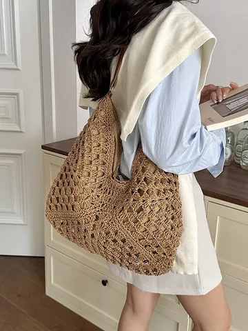 Γυναικεία Casual Χειροποίητη Ψάθινη Τσάντα Tote Μεγάλη Χωρητικότητα Καλοκαιρινή Τσάντα Ώμου για Παραλία και Διακοπές Με Ιμάντα PU Δέρμα