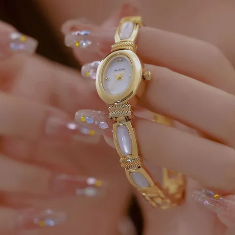 Bee Sister Reloj de Pulsera de Moda para Mujer FA1892 Esfera Ovalada de Concha de Luz de Luna Lujo Oro Plata Galvanizado Cuarzo para Dama