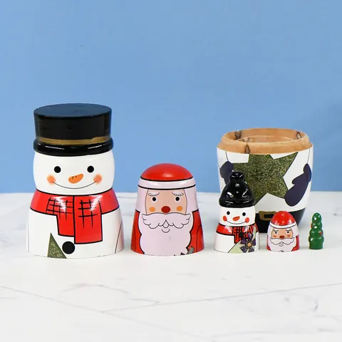 Wooden Christmas Matryoshka Dolls Snowman Santa Claus Pattern 5 Layers Nesting Dolls Decorative Holiday Gift Home Ornament