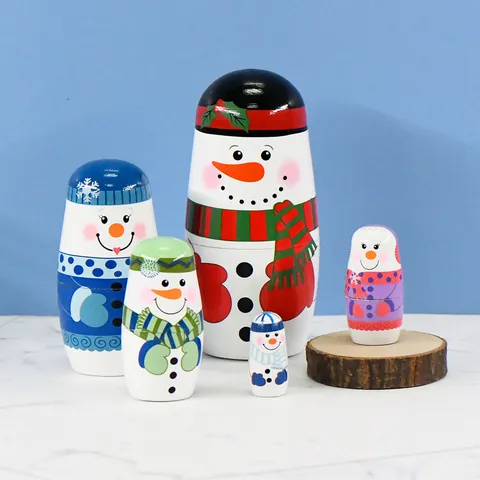 5-Layer Christmas Snowman Nesting Dolls Wooden Matryoshka Dolls Handmade Painted Wood Craft Figurine For Home Decor Ornament Gift