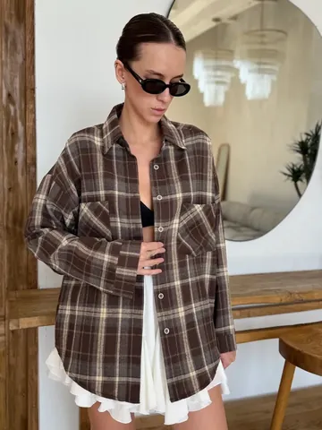 Femmes Plaid Double Poche Chemise Manches Longues Mi-longue Décontractée Mélange de Coton Boutonnée Blouse Street Style Automne Top