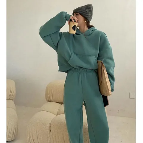 Conjunto Deportivo Forrado de Lana para Mujer Estilo Americano Sudadera con Capucha y Pantalones Casual Dos Piezas Top y Pantalón