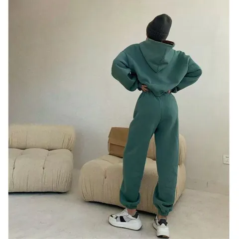 Conjunto Deportivo Forrado de Lana para Mujer Estilo Americano Sudadera con Capucha y Pantalones Casual Dos Piezas Top y Pantalón