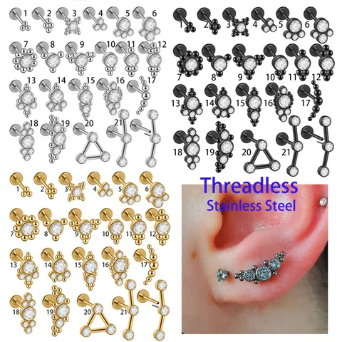 Stainless Steel Threadless Push In Labret Stud Rhinestone Geometric Triangle Curved Cartilage Piercing Earring Jewelry