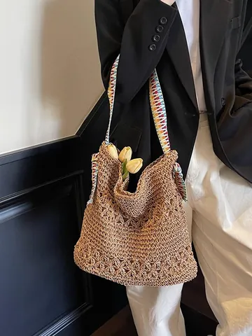Grand Sac Fourre-tout en Paille Tissé pour Femmes Sac à Épaule Mode Navetteur Avec Bandoulière en Sangle Rayée Colorée Sac de Plage