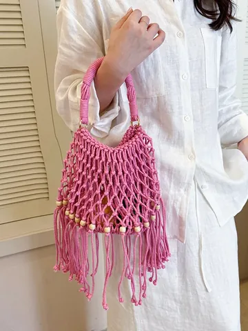 Women's Summer Hand Woven Straw Bucket Bag With Tassels And Beads Large Capacity Bohemian Vacation Top Handle Handbag