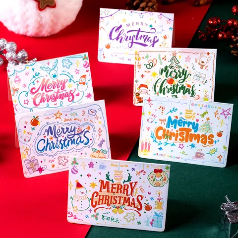 Creative Christmas Greeting Cards Hand-drawn Cartoon Folding Small Card For Merry Christmas Eve Holiday Blessing Party Gift Decoration