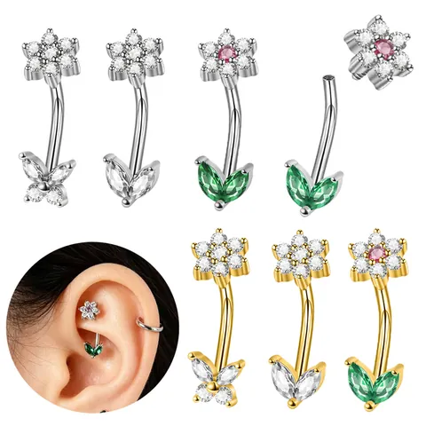 316L Edelstahl Zirkonia Bauchnabelpiercing Innengewinde Gebogener Stab Schmetterling Blume Blatt Navel Piercing Schmuck Für Damen