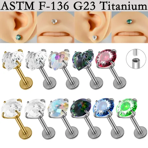 G23 Titanium Zirconia Labret Piercing Stud Internally Threaded Heart Round Flat Back Tragus Helix Jewelry For Women Fashion