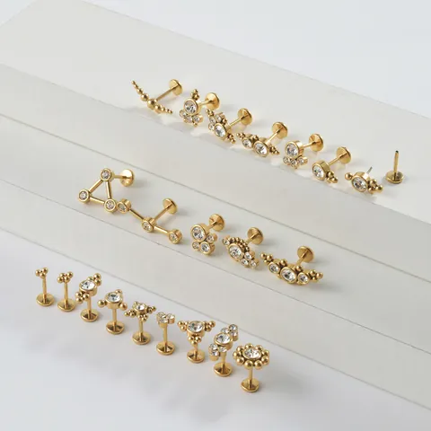 Stainless Steel Threadless Push In Labret Stud Rhinestone Geometric Triangle Curved Cartilage Piercing Earring Jewelry
