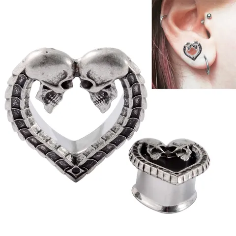 Gothic Edelstahl Herz Totenkopf Ear Gauges Tunnel Altsilber Skelett Muster Hohl Ohr Piercing Schmuck