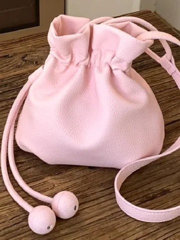 Women Candy Color Drawstring Bucket Bag Fashion PU Leather Lychee Pattern Minimalist Shoulder Crossbody Lucky Bag Handbag