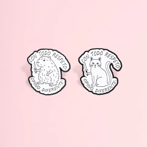 Funny Animal Quotes Metal Pin Brooch Capybara Cat Holding Knife Black White Enamel Badge Jewelry Accessory For Unisex