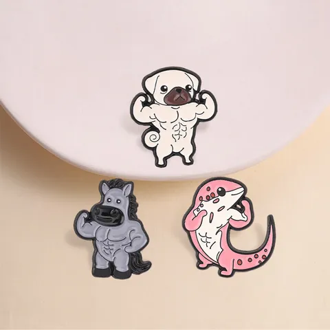 Muscle Animal Pins Funny Fitness Axolotl Pug Horse Cartoon Enamel Brooches Badges Gifts Clothes Bag Decor Jewelry