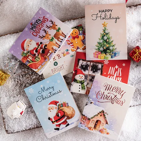 Hand Drawn Christmas Greeting Cards Foldable Blank Inside Holiday Blessing Postcards Santa Reindeer Tree Gingerbread Man Illustration Stationery