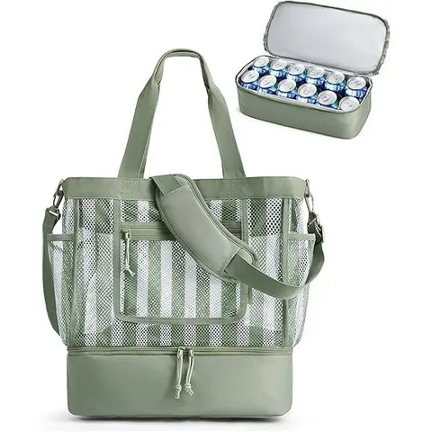 Double Layer Insulated Picnic Bag Large Capacity Waterproof Cooler Tote Bag Portable Mesh Beach Bag For Camping Travel