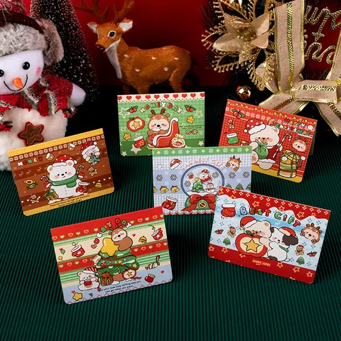 Creative Cartoon Christmas Greeting Cards Reindeer Bear Illustration Message Card Happy New Year Holiday Blessing Gift Card