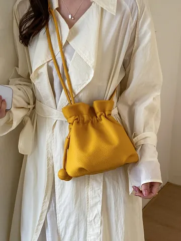 Women Candy Color Drawstring Bucket Bag Fashion PU Leather Lychee Pattern Minimalist Shoulder Crossbody Lucky Bag Handbag