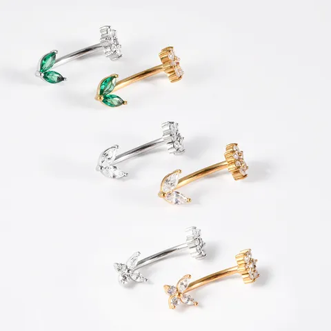 316L Edelstahl Zirkonia Bauchnabelpiercing Innengewinde Gebogener Stab Schmetterling Blume Blatt Navel Piercing Schmuck Für Damen