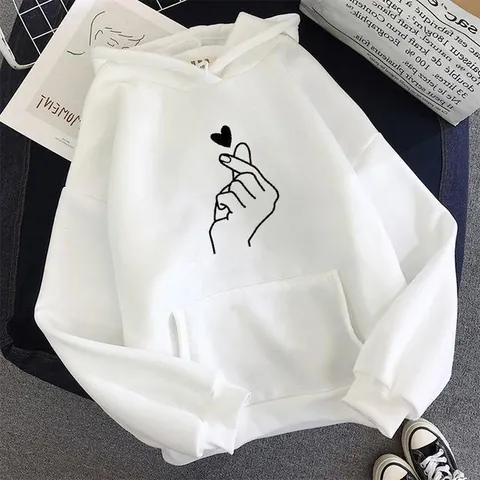 Women's Oversized Fleece Lined Hoodie Finger Heart Printed Long Sleeve Sweatshirt Casual Loose Pullover Top Winter Streetwear
