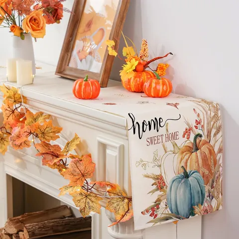 Runner da Tavola Ringraziamento Autunnale Zucca Foglia d'Acero Poliestere Effetto Lino Decorazione per Sala da Pranzo