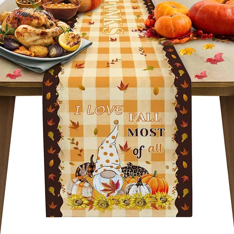 Action de Grâce Chemin de Table Automne Polyester Citrouille Feuille d'Érable Gnomes Nappe Imprimée Pour Salle à Manger Maison