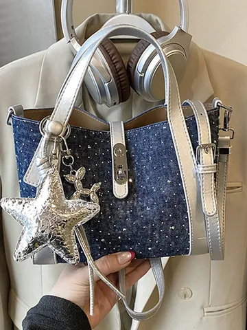Women Large Capacity Denim Texture Bucket Bag PU Leather Silver Rhinestone Shoulder Crossbody Bag With Star Charm Y2K Commuting Tote