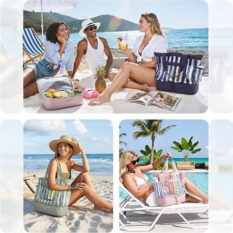 Double Layer Insulated Picnic Bag Large Capacity Waterproof Cooler Tote Bag Portable Mesh Beach Bag For Camping Travel