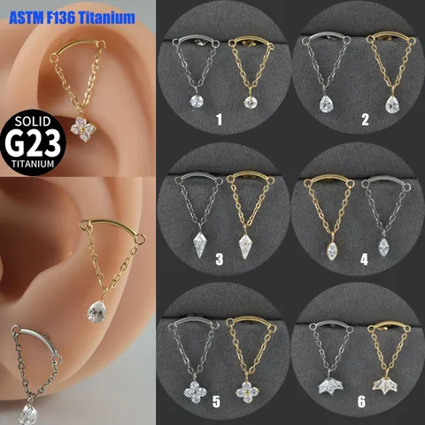 G23 Titanium Chain Labret Stud Earrings Marquise Teardrop Flower Fan Zirconia Pendant Internally Threaded Lip Ring Piercing Jewelry