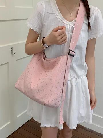Women Large Capacity Canvas Tote Bag Shiny Sequin Star Pattern Korean Lazy Style Shoulder Crossbody Bag Casual Versatile Daily Bag