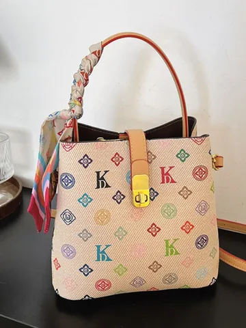 Vintage PU Leather Printed Bucket Bag For Women Fashion Monogram Crossbody Shoulder Bag With Silk Scarf Handle Handbag