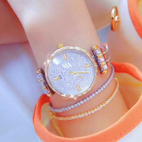 Reloj de Moda de Lujo para Mujer Esfera de Strass Aleación Acero Inoxidable Pulsera de Eslabones de Metal Reloj de Cuarzo Joyería Regalo