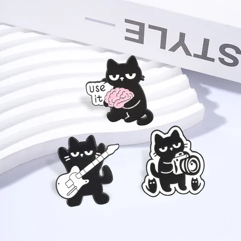 Cartoon Black Cat Zinc Alloy Brooch Pin Guitar Camera Brain Use It Slogan Personalized Animal Badge For Clothes Backpack Decor