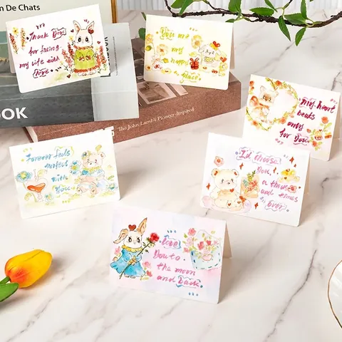 Watercolor Hand-drawn Greeting Card Cartoon Animal Flower Cardstock Wedding Valentine's Day Couple Message Card Anniversary Gift