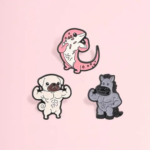 Muscle Animal Pins Funny Fitness Axolotl Pug Horse Cartoon Enamel Brooches Badges Gifts Clothes Bag Decor Jewelry