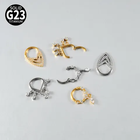 Solid G23 Titanium Zirconia Nose Ring Hinged Segment Clicker Marquise Water Drop V Shape Tassel Cartilage Helix Piercing Jewelry