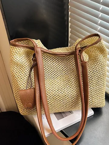 Dames Grote Capaciteit Geweven Tote Bag Casual Zomer Strand Schoudertas Polyester Gebreide Vakantie Dagelijkse Boodschappentas Met Leren Handvat