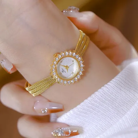 Reloj de Cuarzo de Lujo para Mujer Girasol Vintage con Diamantes de Imitación Aleación Galvanizado IP Correa de Malla Moda
