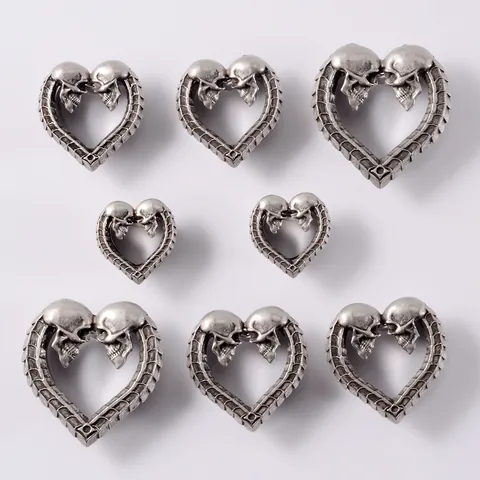 Gothic Edelstahl Herz Totenkopf Ear Gauges Tunnel Altsilber Skelett Muster Hohl Ohr Piercing Schmuck