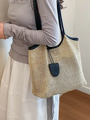 Dames Grote Capaciteit Geweven Tote Bag Casual Zomer Strand Schoudertas Polyester Gebreide Vakantie Dagelijkse Boodschappentas Met Leren Handvat
