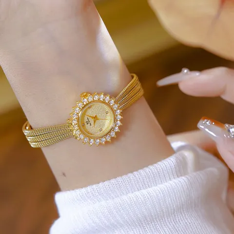 Reloj de Cuarzo de Lujo para Mujer Girasol Vintage con Diamantes de Imitación Aleación Galvanizado IP Correa de Malla Moda