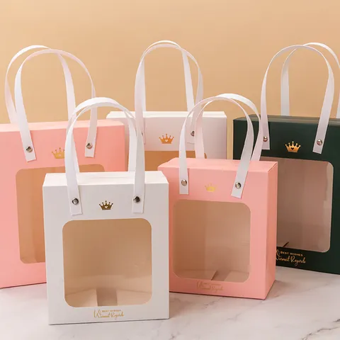 Hot Stamping Transparent Window Gift Bag Cardboard Handheld Gift Pouch With Ribbon Handle Crown Design Wedding Birthday Favor Packaging Bag