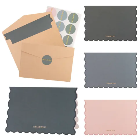 Gold Stamping Thank You Greeting Cards With Envelopes And Stickers Scalloped Edge Morandi Color Cards For Wedding Party Graduation