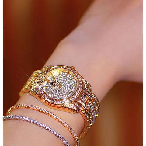 Luxury Women Quartz Watch Iced Out Full Rhinestone Alloy Band Water Resistant Fashion Dress Wristwatch For Women