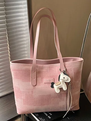 Korean Style Large Capacity PU Leather Tote Bag With Horse Charm Geometric Pattern Shoulder Handbag For Women Commuting Casual Bag
